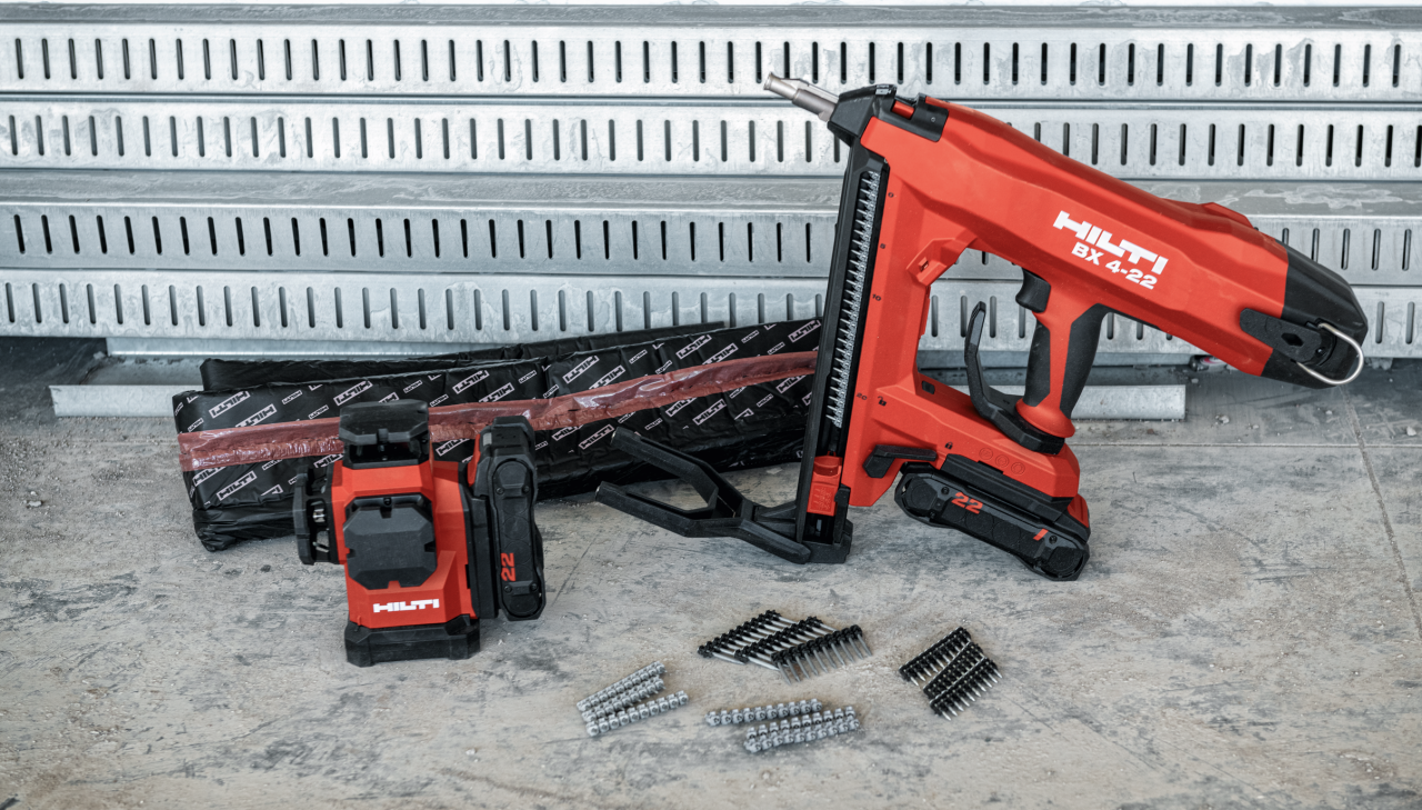 Hilti's BX 4-22 Battery-powered nailer and PM 50MG-22 Multi-line laser level ready to be put to work